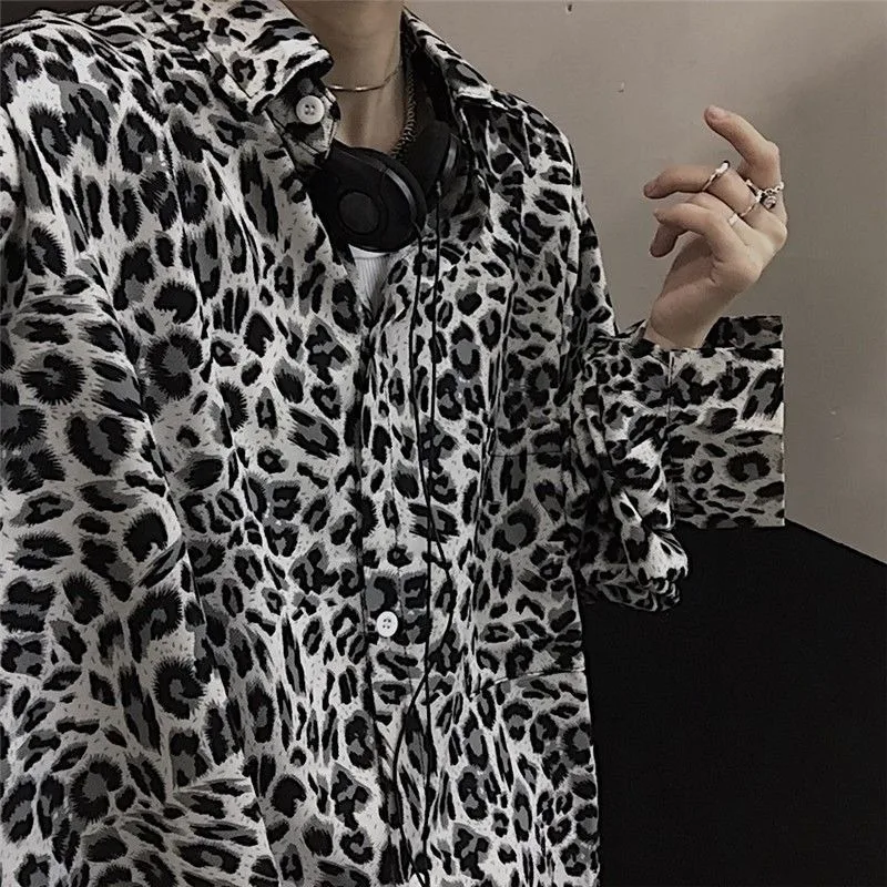 QWEEK Leopard Vintage Y2K Shirt Woman Korean Popular Oversoze Long Sleeve Blouses Spring Casual Chic Couple Clothes Streetwear