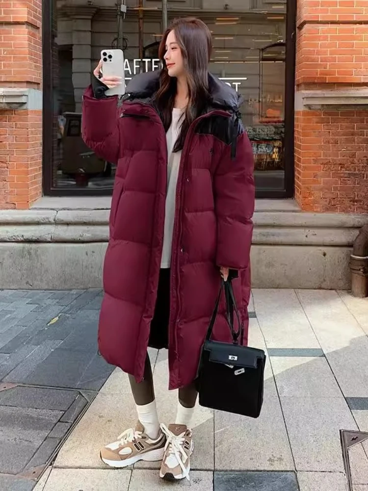 Damski płaszcz bawełniany z blokami kolorów, długi, oversize, do kolan, ocieplana kurtka puchowa, gruba, ciepła, zimowa, z kapturem, pikowana, streetwear