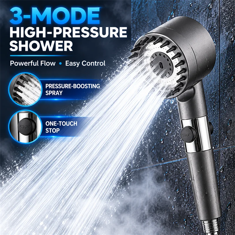 3 Modes High Pressure Filter Shower Head One-key Stop Water Massage Clean Powerful Pressurized Shower Nozzle