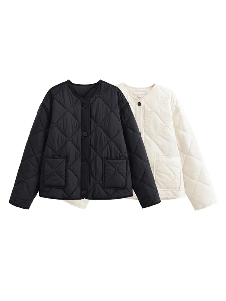 

Woman 2025 Autumn Comfy Outdoor Clothes High Street Pocket Simple Grid Jacket Vintage O-Neck Jackets Cotton-Padded Jacket