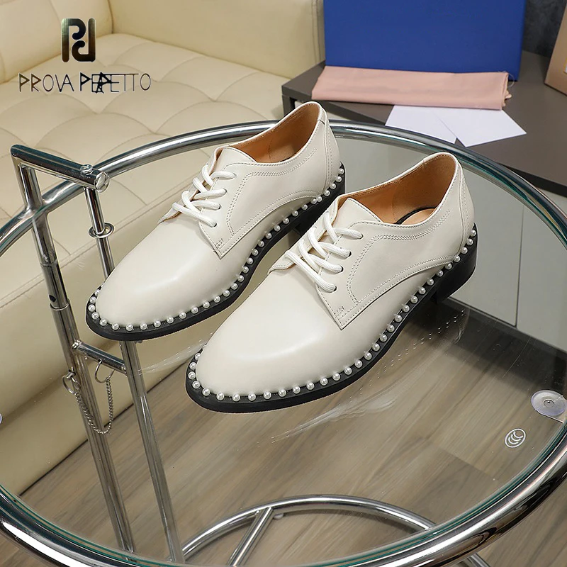 

Pearls Decor Undersole Lady Oxfords Shoes Lace Up Genuine Leather Top Quality Brand Comfortable Spring Autumn Luxury Loafers