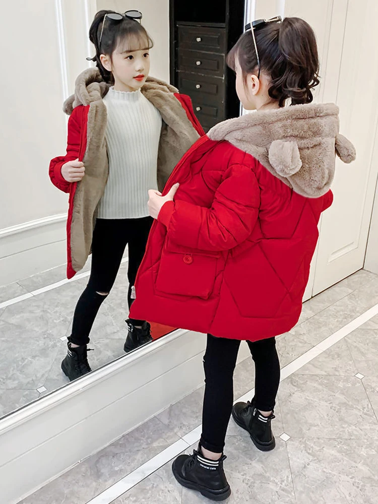 Winter Long Hooded Jackets Girls Fashion Bear Coat Children's Teen Cotton Outerwear Kids Parkas Snowsuit For 4 6 8 10 12 Years