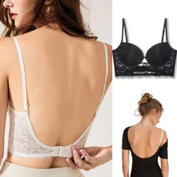 Backless sutyen görünmez U şekli büyük Backless dantel düğün sutyen düşük geri iç çamaşırı Push Up sütyen dikişsiz iç çamaşırı seksi sıkı sutyen