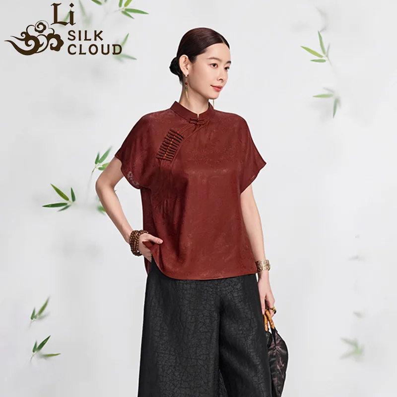 LI SILK CLOUD xiangyunsha Short Sleeve Blouse - Mulberry Silk Fabric Chinese Style Casual Guangdong Black Pearl  Guangdong Gauze