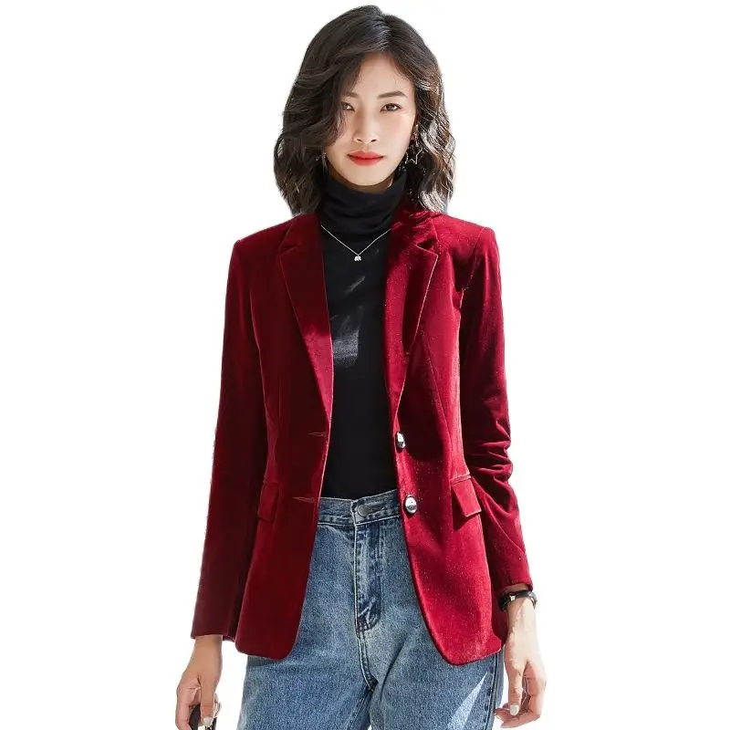 2024 Spring Autumn Women’s Velvet Blazer – Slim Fit Casual Suit Coat, Long-Sleeved Fashion Jacket, Plus Size