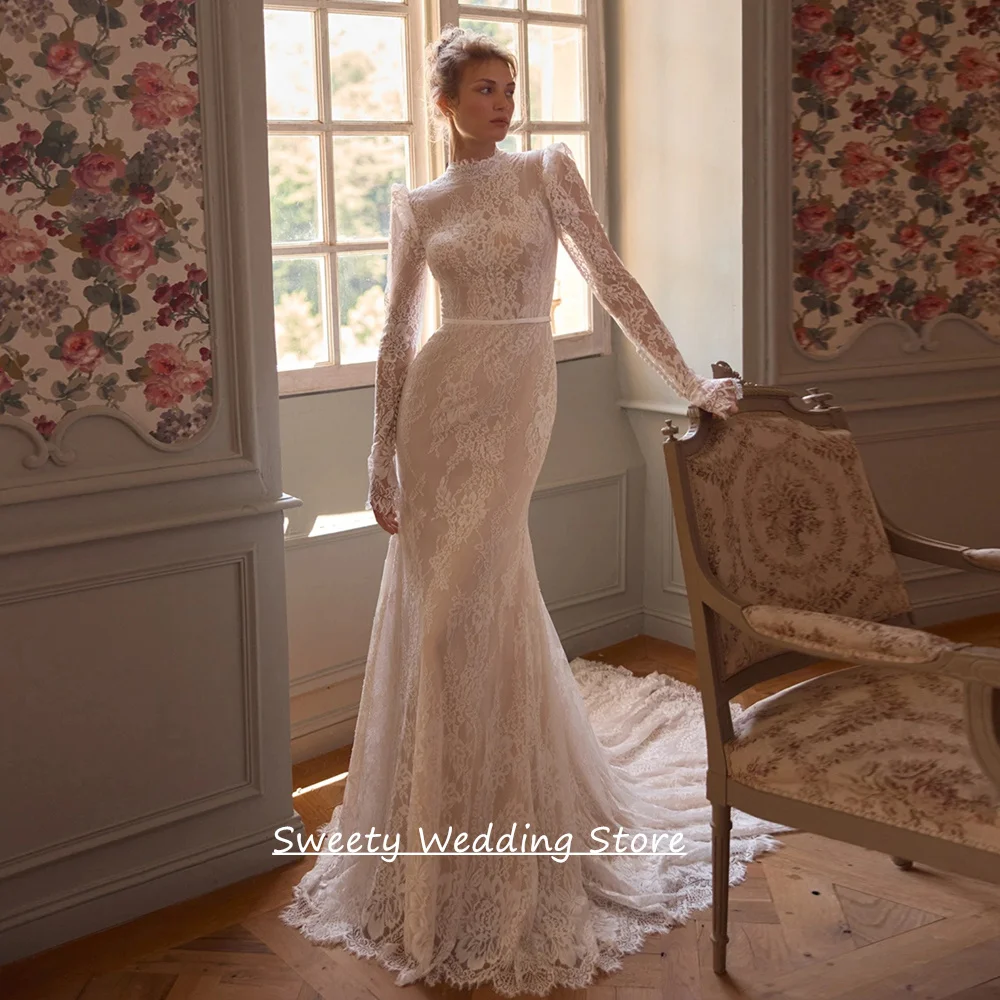 

High Quality Lace Mermaid Wedding Dress Customized High Neck Full Sleeves Sweep Train Woman Bridal Gown Vestido De Noiva