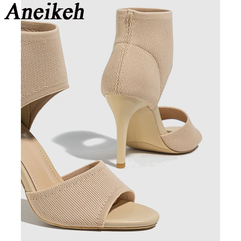 Aneikeh Sexy summer High heeled knitted elastic Roman boots sandals slim heeled outdoor sandals sizes 35-42 Dress Banquet Shoes