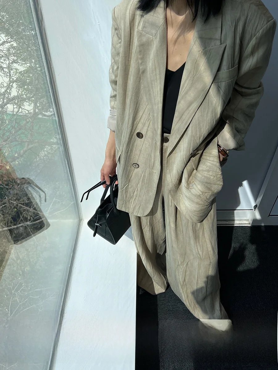 

JCCC adow Tea Brown Korean Sle Loose Fit Faionable Personali Women's Suiting Top And Pants Set Spring 2024
