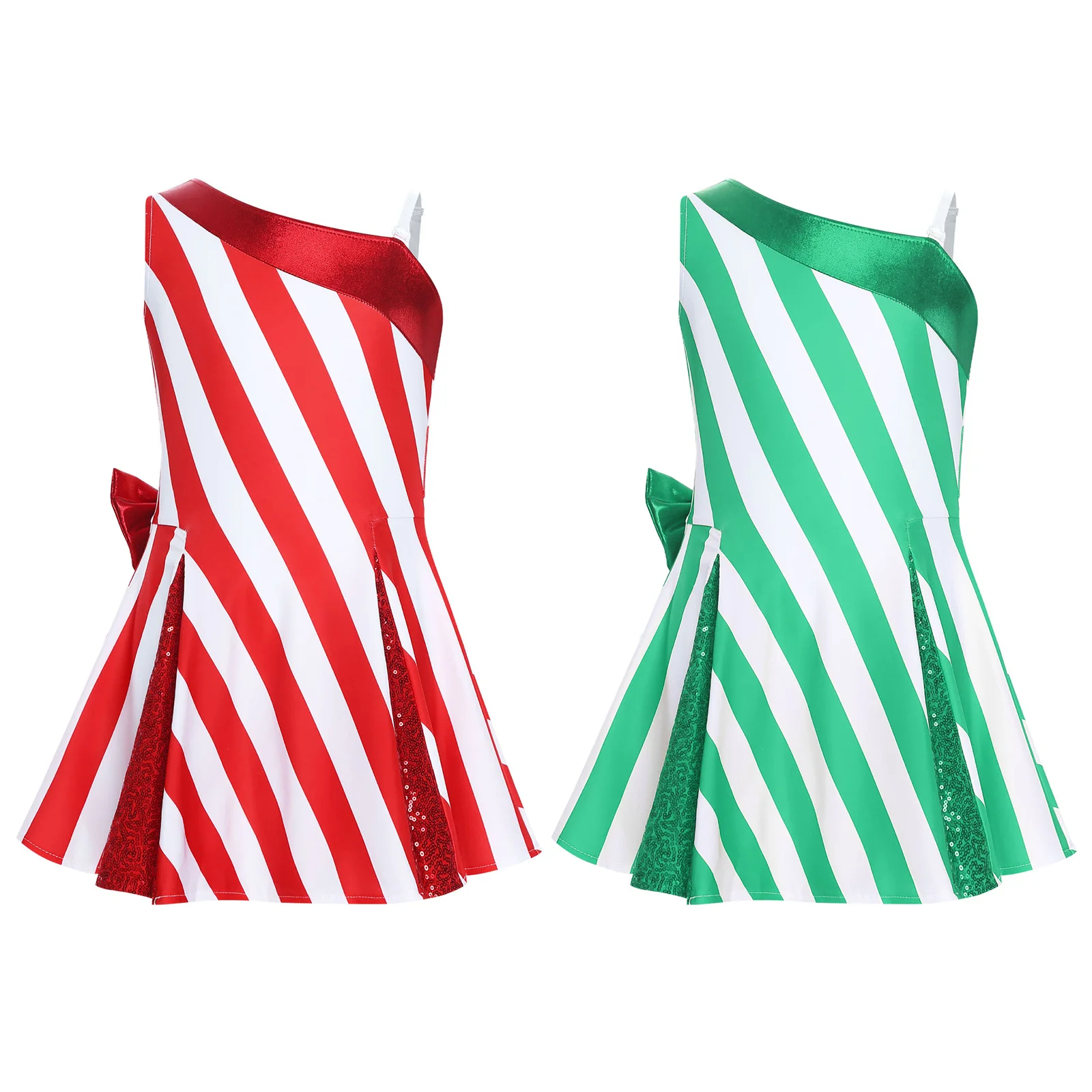 Kostum Pesta Natal Anak Perempuan Gaun Leotard Santa Claus Desain Satu Bahu dengan Pita Metalik untuk Pesta Festival Natal