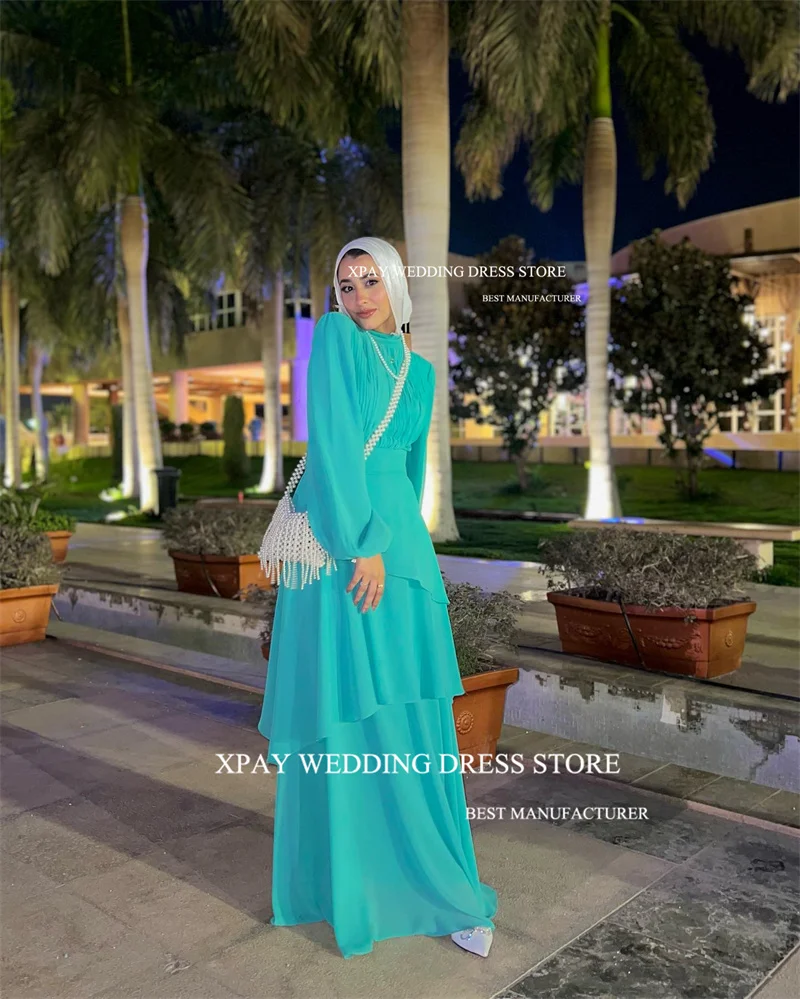 XPAY Modest Light Chiffon Muslim Arabic Women Evening Dresses Long Sleeves High Neck Tiered Prom Gowns Formal Party Dress