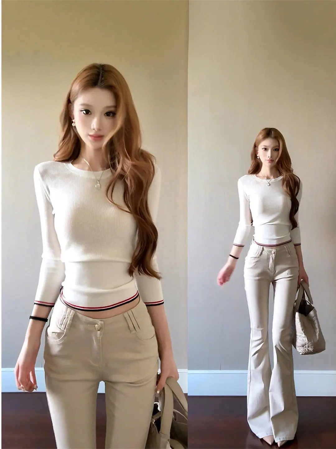 White Slim Fit Knitted Long Sleeve Base Shirt Women Early Autumn High Awareness Suitable for Single Wear Korean Style Top
