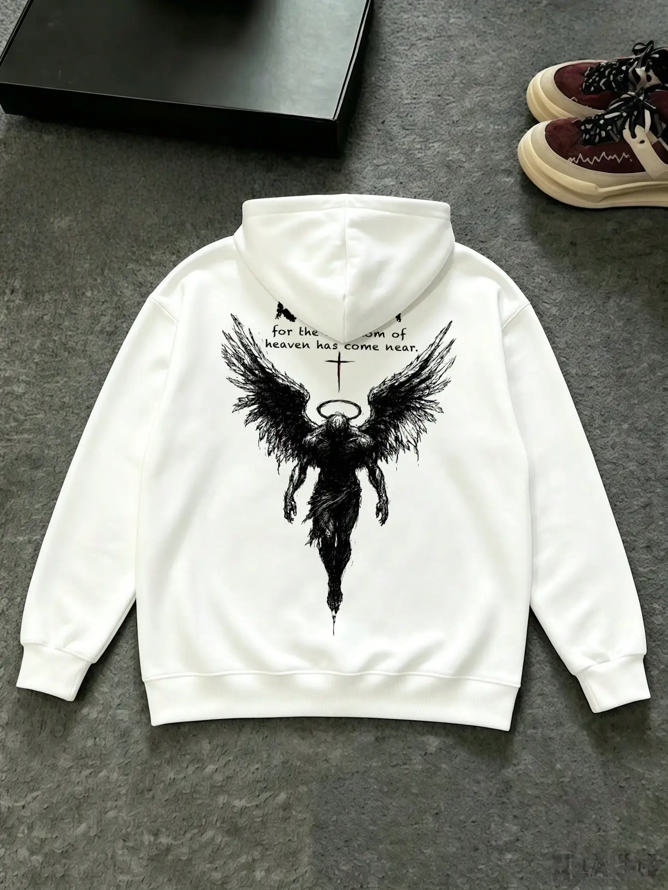 Men's Y2K Double Sided Print Cross Angel Graphic Hoodie Hip Hop Streetwear Casual Winter Long Sleeve Pullover Dark Gothic Letter Print Vintage