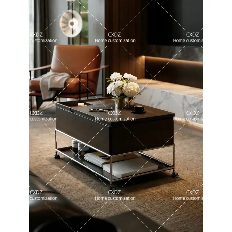Lifting Side Table Coffee Table Folding with Wheels Movable Desk Dual Purpose Living Room Solid Wood Sofa Side Cabinet