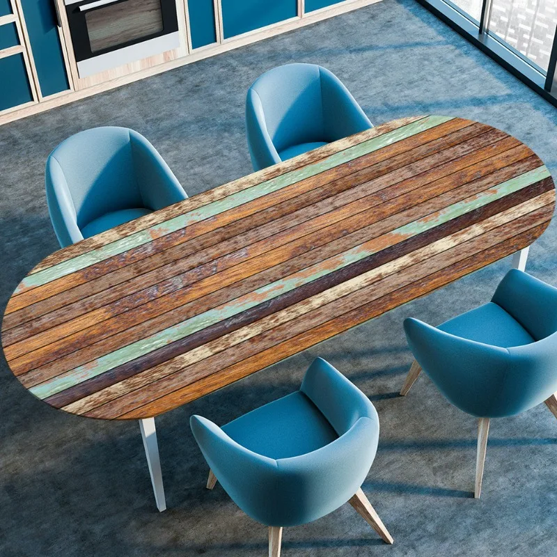 Elliptical Elastic Band Living Room Coffee Table Set, Wooden Texture Style Waterproof, Oil Resistant, and Washable Tablecloth
