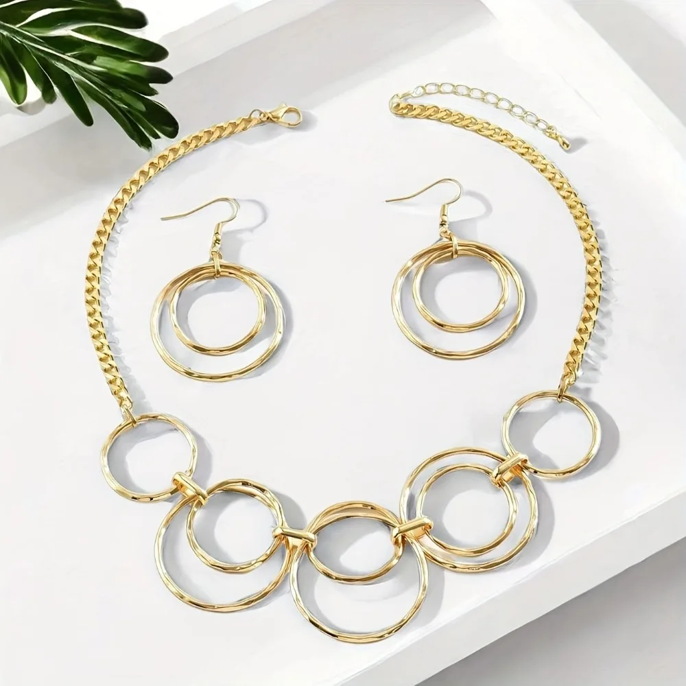 

Earring Geometric Circle Clavicle Chain Luxury Big and Small Circle Hollow Out Jewelry Set Alloy Elegant Round Chain Necklace