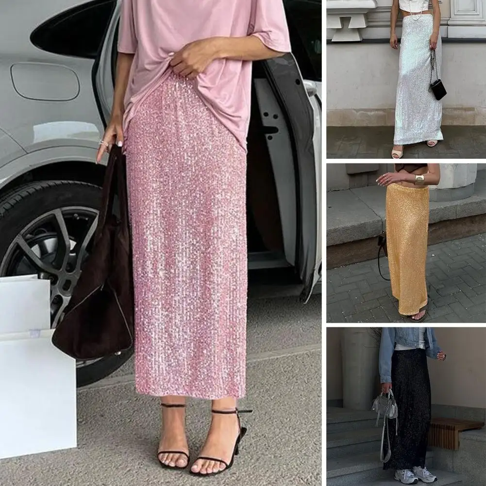 

Slit Hem Sequin Skirt Sequin High Waist Maxi Skirt for Women Elegant Ankle Length Beach Travel Skirt with Zipper Back Split