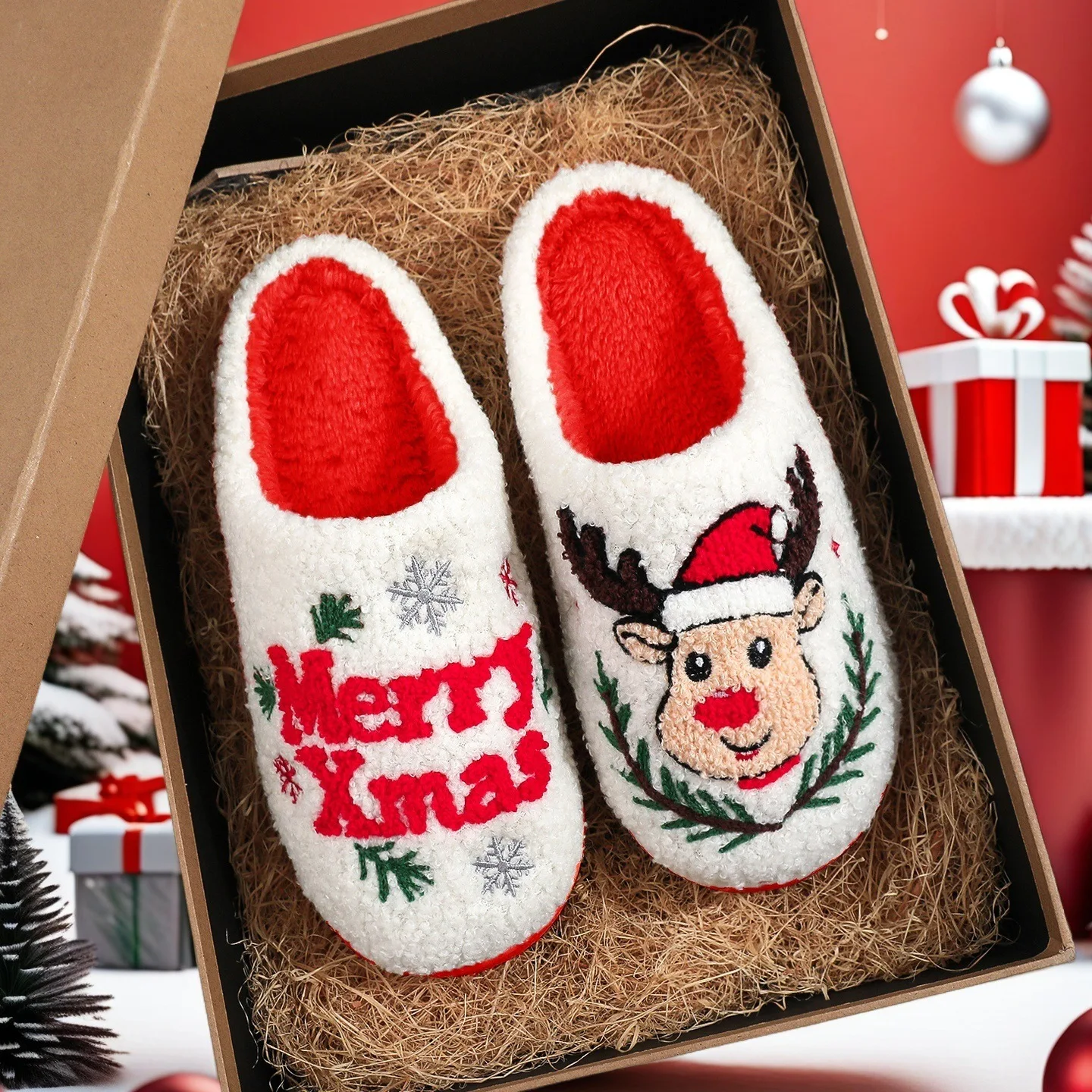 

Cisas Deer Cotton Slippers Anti-Slip Home Slippers Autumn Winter Low Heel Flat Bot TPR Outsole Fluffy Upper