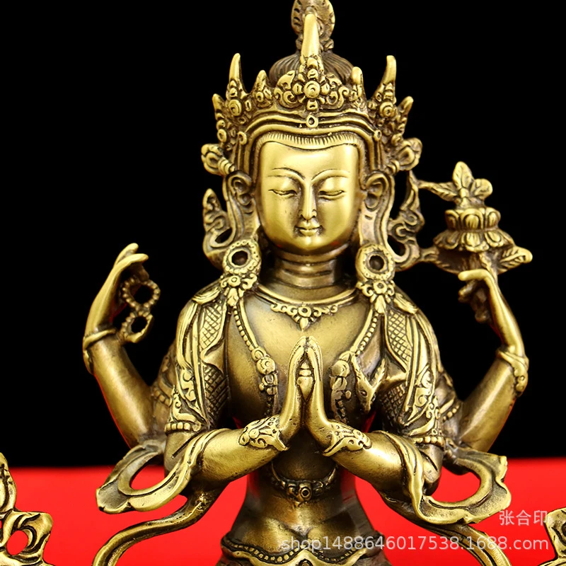 Brass Four-Armed Statue Ornament, Tibetan Tantric Buddha Lotus Seat Guanyin Bodhisattva Home Worship Craft