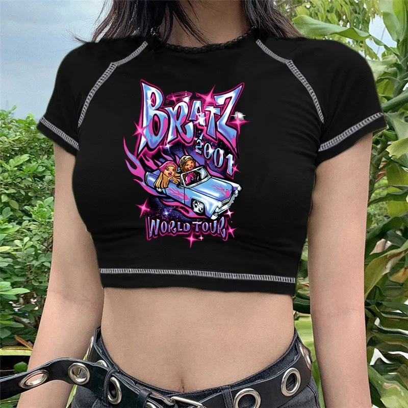 New Cartoon pattern t-shirt women clothing Bratz letter Y2K Slim-fit women tops short sleeve gothic female T-shirt ropa de mujer