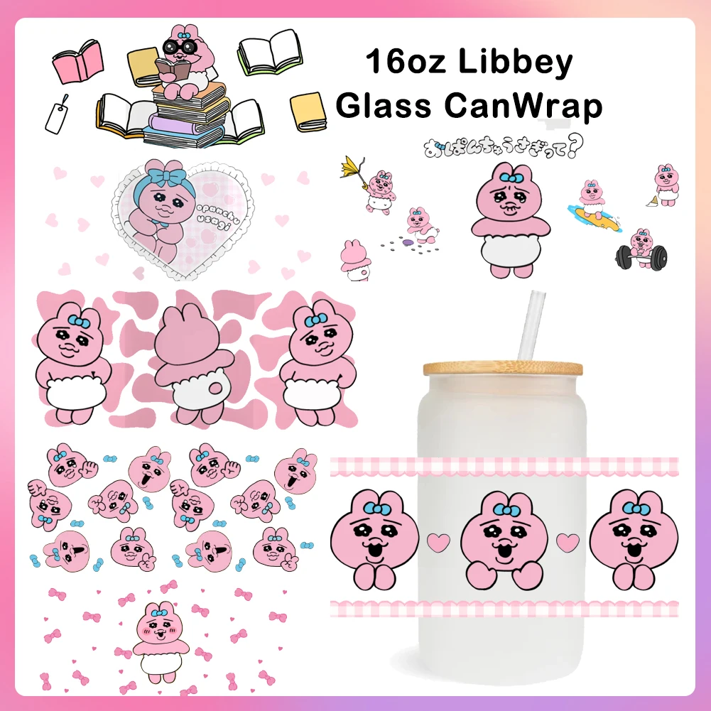 Japanese cartoon pink Cute  Rabbit For Libbey 16oz Can Glass 3D Waterproof UV DTF Coffee Can Wrap Libbey Glass Wrap