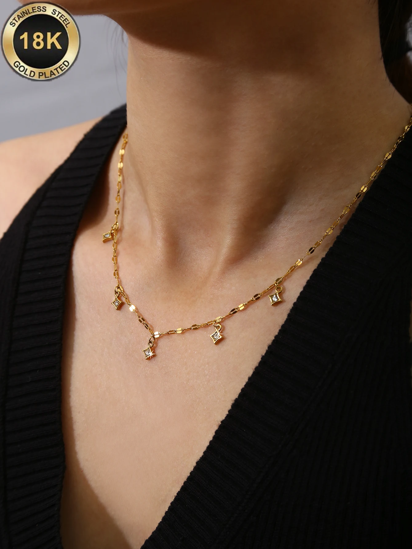 1PC Ins Cold Tone Light Luxury Niche High-End Versatile Women Jewelry,Stainless Steel Zircon Four-Pointed Star Necklace&Bracelet