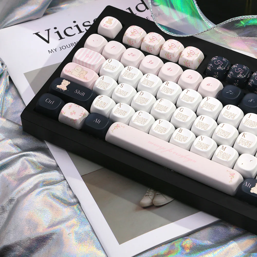 Copritasti con profilo MOA rosa bianco simpatico orso fiore 129 tasti PBT Cartoon Keycap adatto per tastiera meccanica