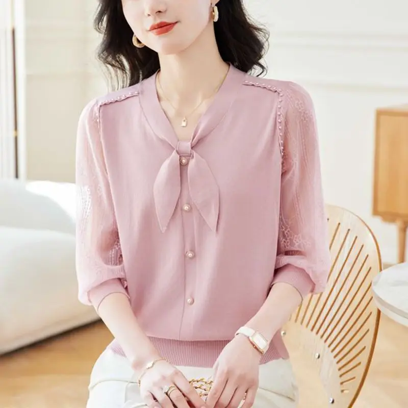 

Women's Clothing Solid Bow Elegant T-shirt Autumn Casual Knit Three Quarter Simple Tee Lady All-match V-neck Button Pullover Top