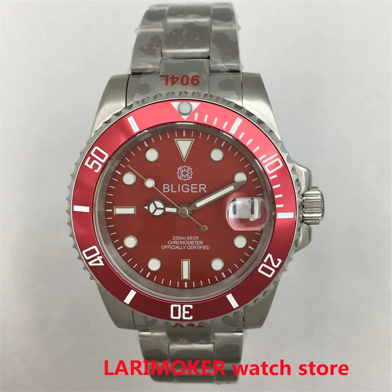 Bliger NH35A PT5000 Automatic Movement 40mm watch Red dial Red ceramic ring C3 Luminous sapphire glass Oyster Strap Men\'s watch