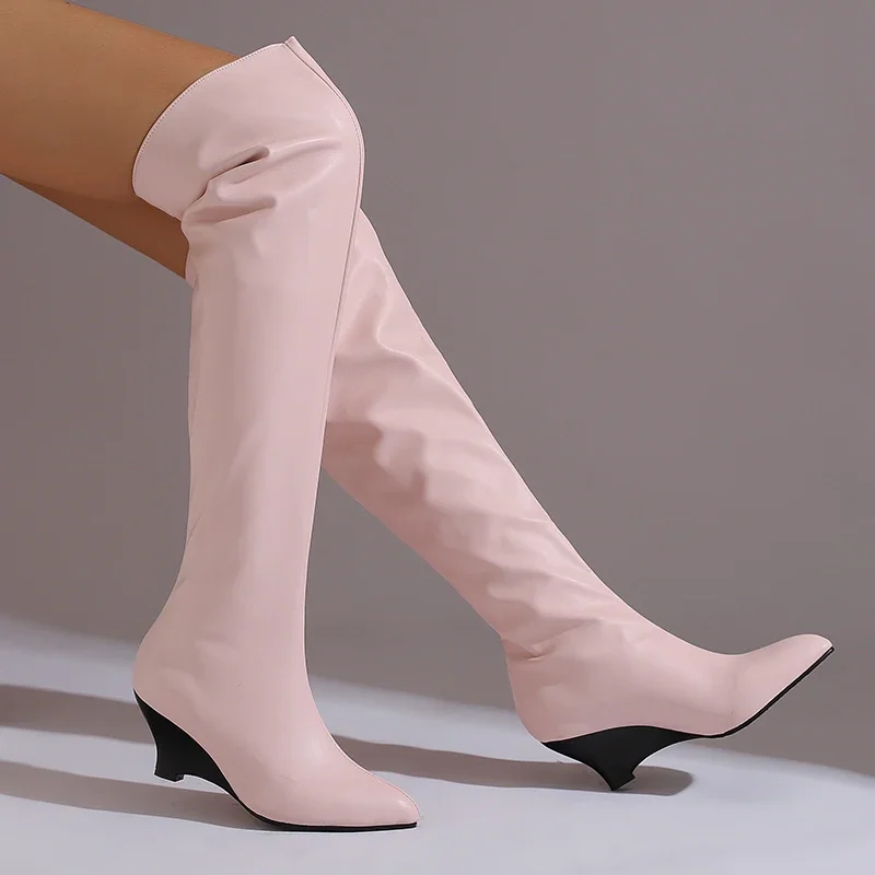 

Women Thigh High Boots Over The Knee High Stretch Booties Strange Style Pointed Toe Leather Shoes