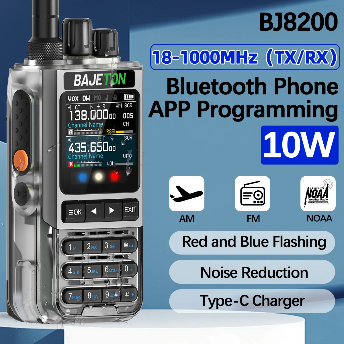 BAJETON BJ-8200 Walkie Talkie Full Band Bluetooth Phone Programming Long Range 10W Tri Power NoAA Noise Reduction Ham Radio
