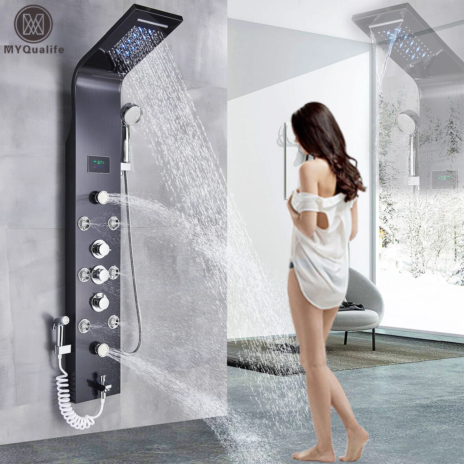 Black LED Light Shower Faucet Bathroom SPA Massage Jet Shower Column System Waterfall Rain Shower Panel Bidet Sprayer Tap