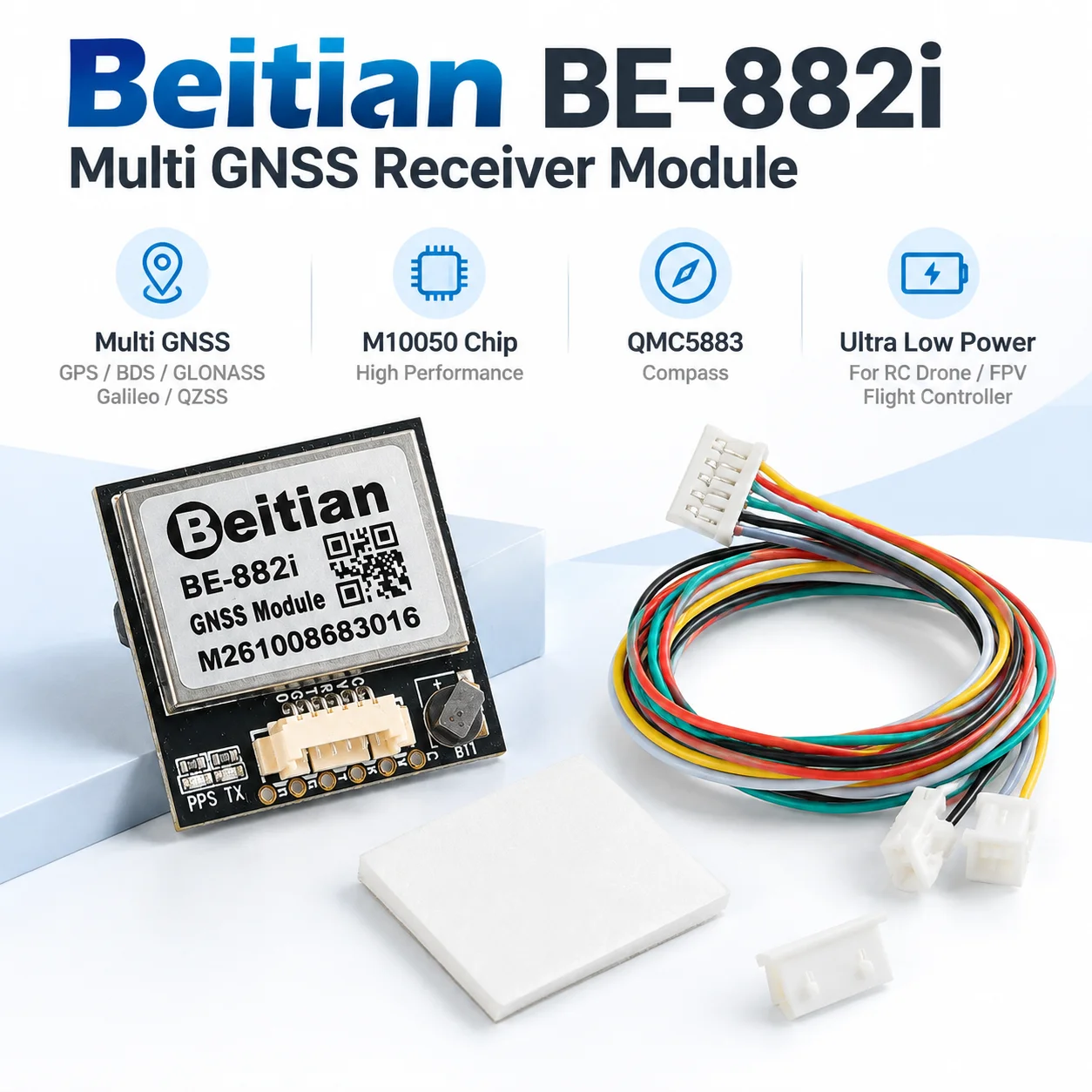 Beitian BE-882i GNSS GPS Module with QMC5883 Compass Ultra Low Power 28x28mm for RC FPV Drone Flight Controller