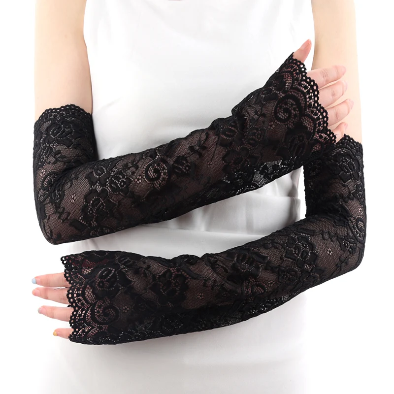 Women Long Lace Gloves Fishnet Mesh Fingerless Mittens Lady Cycling Drive Accessories Breathable Sun Protection Arm Warmers