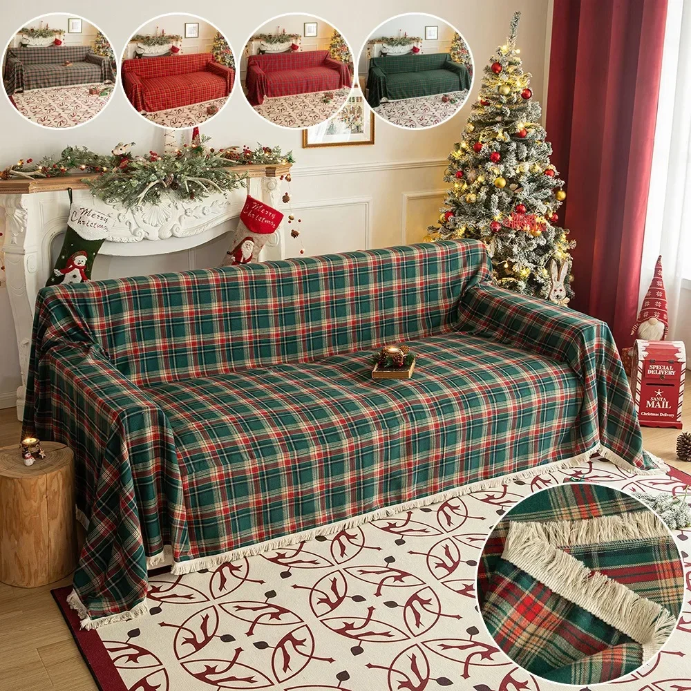 1PC Christmas Plaid Couch Cover with Tassel Christmas Atmosphere Sofa Towel Retro Holiday Red and Green Grid Cover Cloth Towels