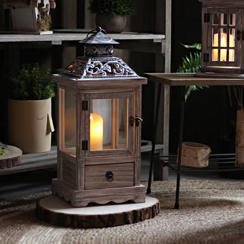 Retro wood glass wind lamp wrought iron floor candlestick windproof decorative ornament horse lamp old photography props