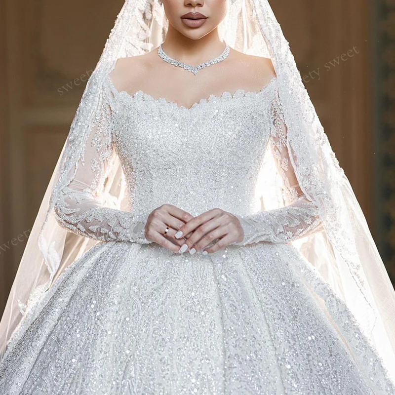 فستان زفاف فاخر الأورجانزا مع التطريز حبة الأميرة Ballgown كم كامل س الرقبة مخصص فستان عروس Vestido De Novia