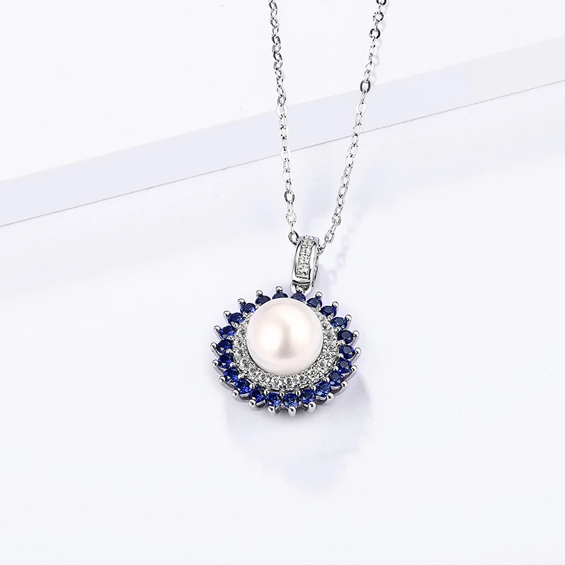 MULICHEN Retro 8mm Pearl Pendant Blue Sapphire Zirconia Necklace For Women Diamond Anniversary Wedding Party Jewelry Set