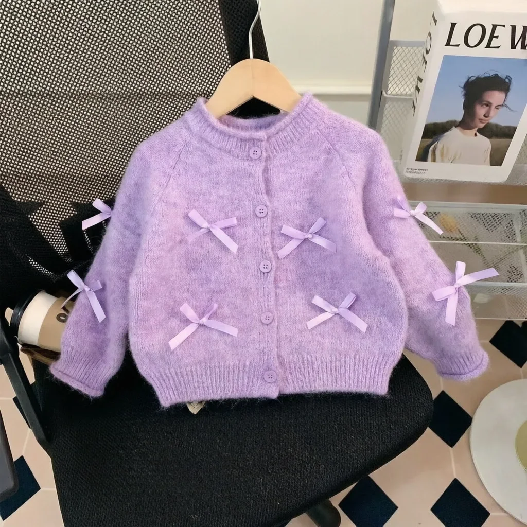 Toddler Girls Purple Knit Cardigan Bow Decor Button Down Long Sleeve Sweater Coat For Kids Winter Party Birthday Outfits JY15