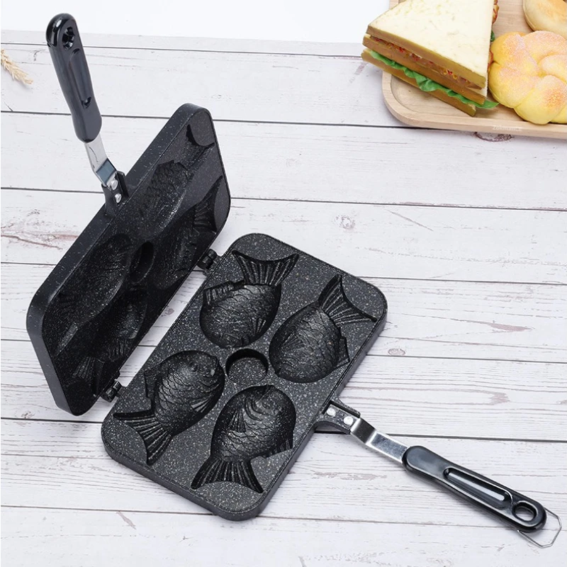 Kitchen Japanese Fish Shaped Waffle Cake Maker Pan Taiyaki 4 Pan Fry Pan Waffle Molds Cake Bake Dessert Cooking for Home DIY