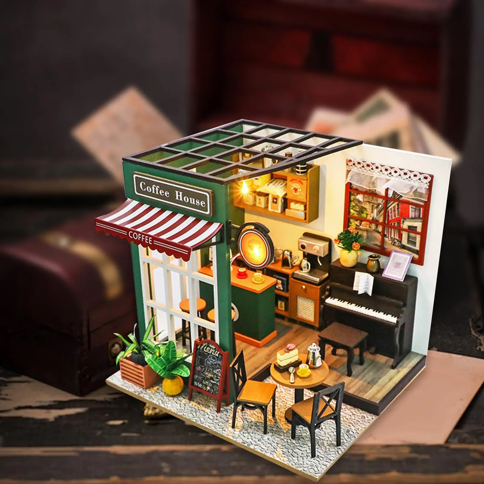 Dollhouse Miniature with Furniture Collection Coffee Shop DIY Wood House for Valentine's Day Teens Family Birthday Gift Festival