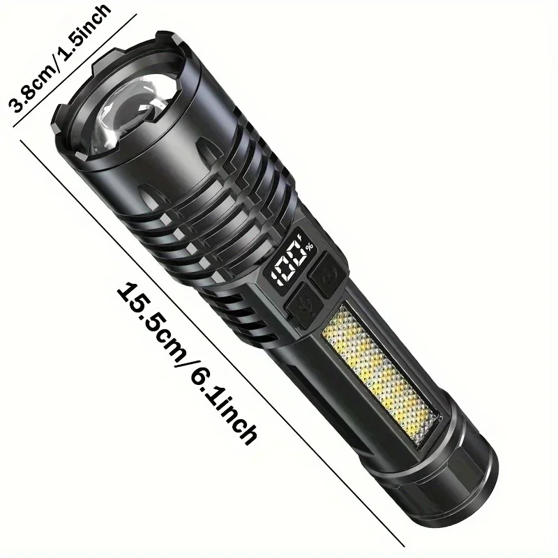 Leistungsstarke LED-Zoom-Taschenlampe, USB-wiederaufladbar, Notfall-Taschenlampe mit Leistungsanzeige für Outdoor-Camping-Abenteuer – Detail 10