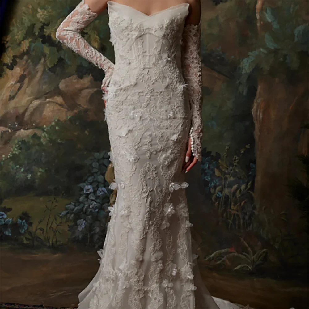 Robes de mariée sirène classiques sans bretelles en dentelle, sans manches, avec des appliques, personnalisées