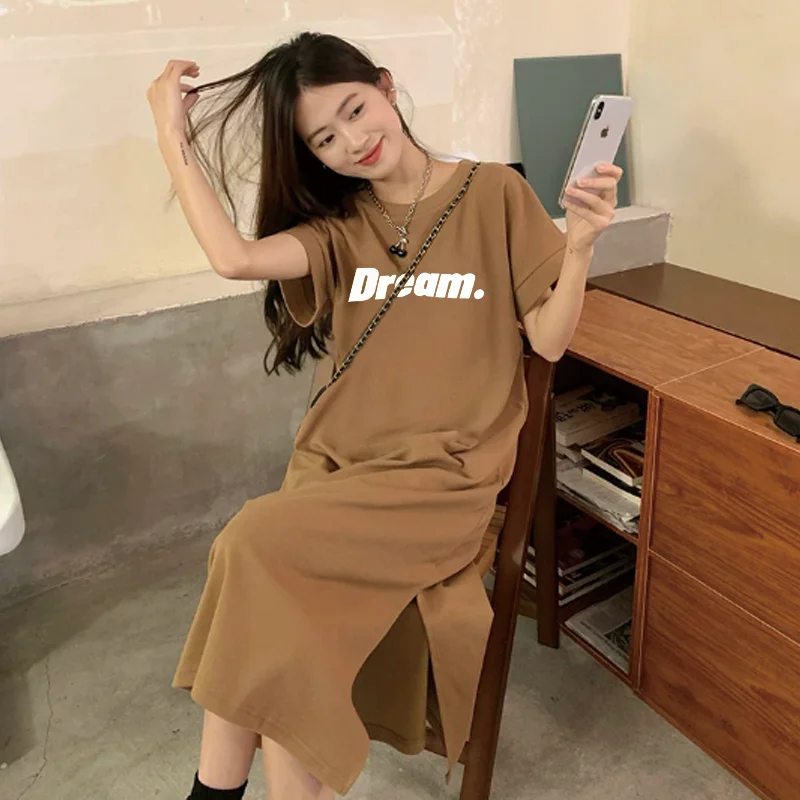 Oversized Dream Letter Print Maxi Tshirt Dress Women Short Sleeve Loose Casual Home Long Dress