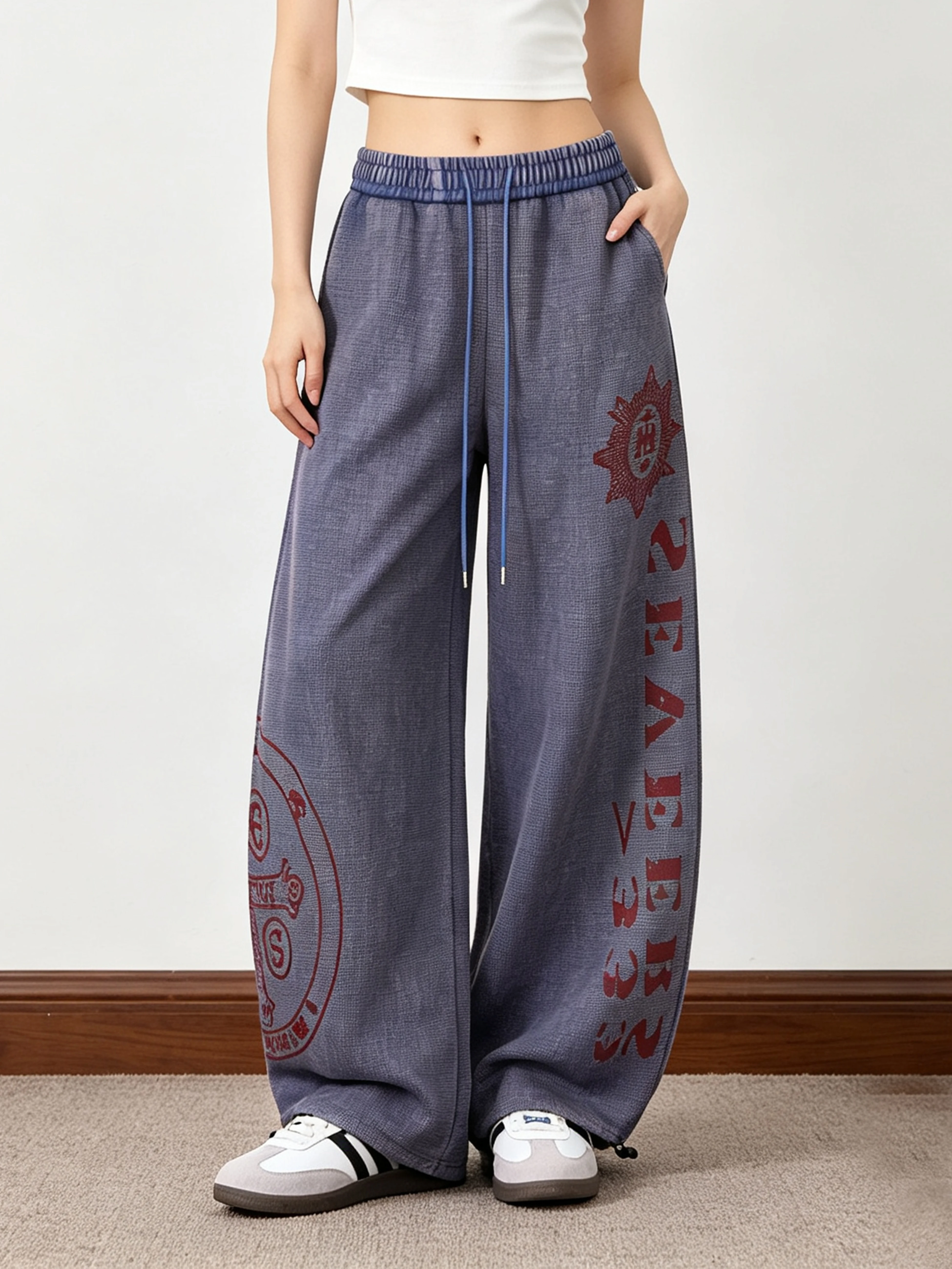 American Street Style Printed Wide Leg Casual Pants Women's Texture Sensation Cuffed Neutral Loose Fit Comfortable Trousers