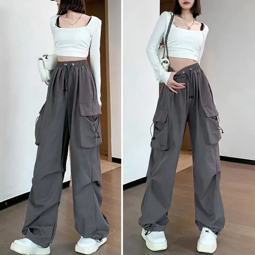 

Wide Leg Pants Versatile Women's Cargo Pants Elastic Waist Quick-drying Fabric Wide-legged Overalls for Sports Streetwear