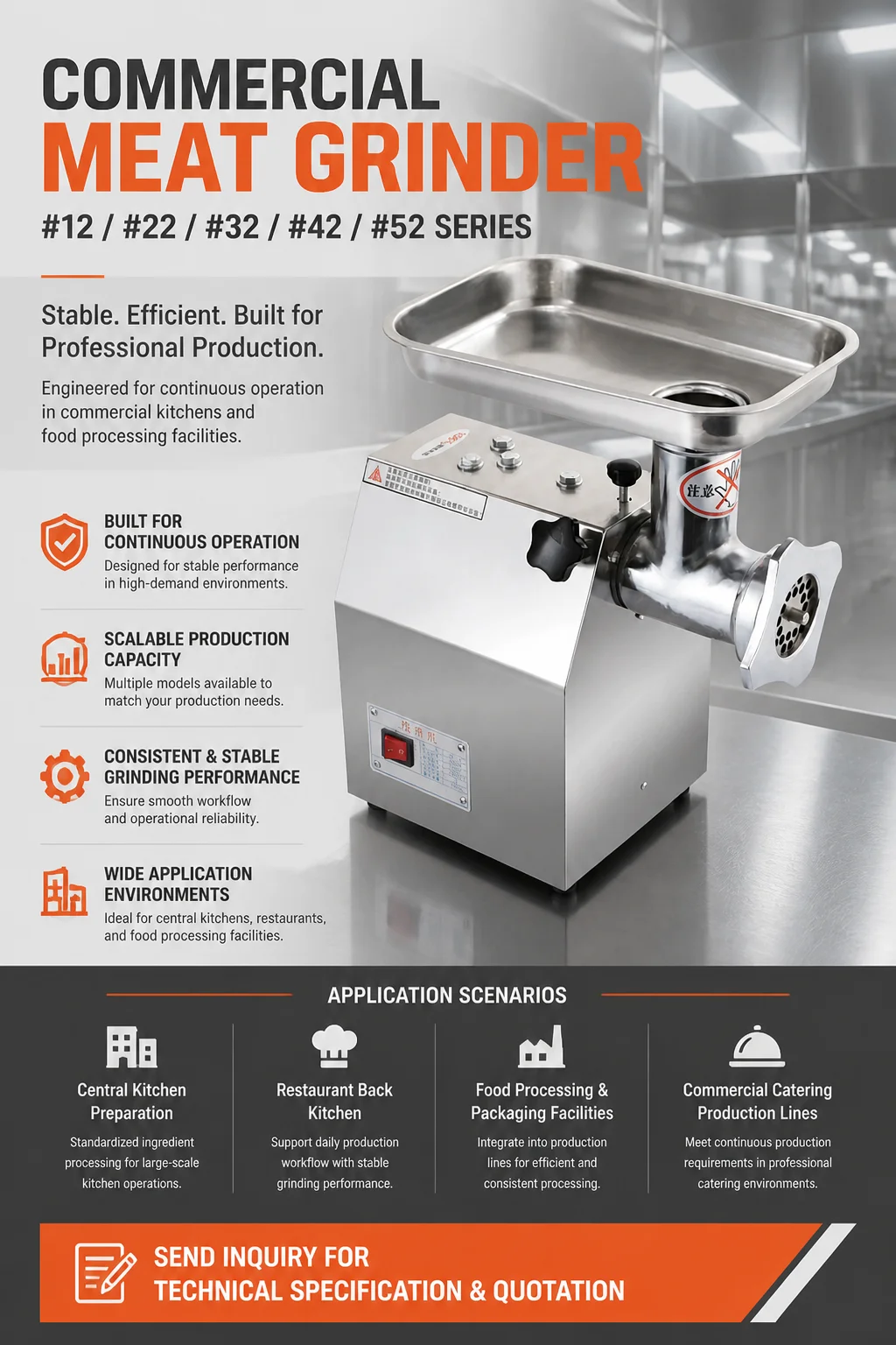 Heavy Commercial Meat Grinder #52 Stainless Steel Electric Meat Mincer for Butcher Shop Food Processing