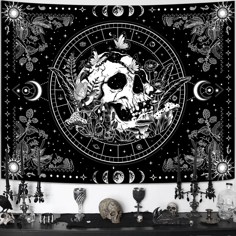 VIKAMA Black White Skull Mushroom Moon Phase Tapestry Gothic Astrology Botanical Line Art Wall Hanging Room Decor Poster