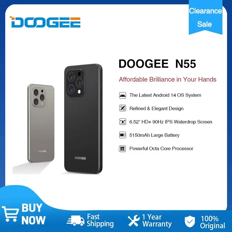 

DOOGEE N55 смартфон с 5,5-дюймовым дисплеем, восьмиядерным процессором, ОЗУ 9 ГБ, ПЗУ 6,56 ГБ, 128 мАч, Android 14