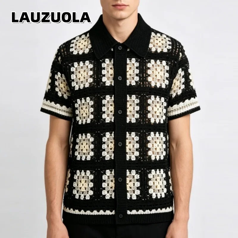 Men Floral Crochet Knit Shirt Hollow Out Openwork Tops Sleeve Cardigan Vintage Boho Beach Casual Shirts