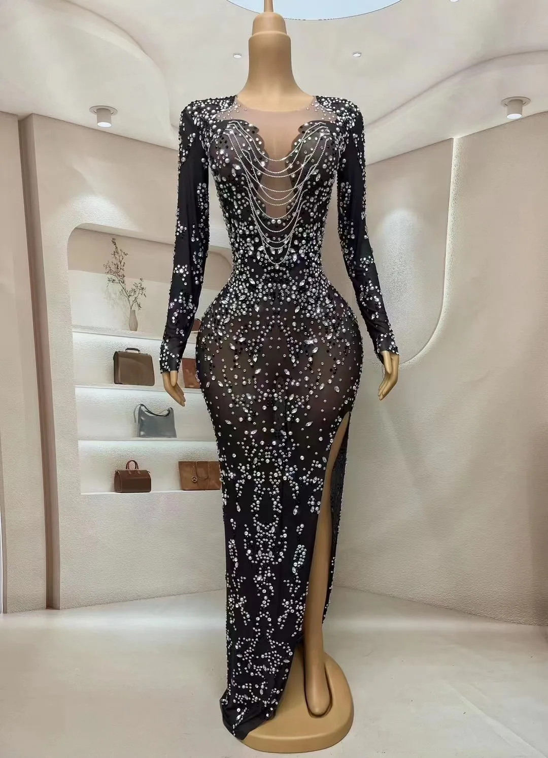 

Black Rhinestones Silver Chains EveningDress Skinny Sexy Mesh Costume PromParty Nightclub Singer Performance Stageheshouwu